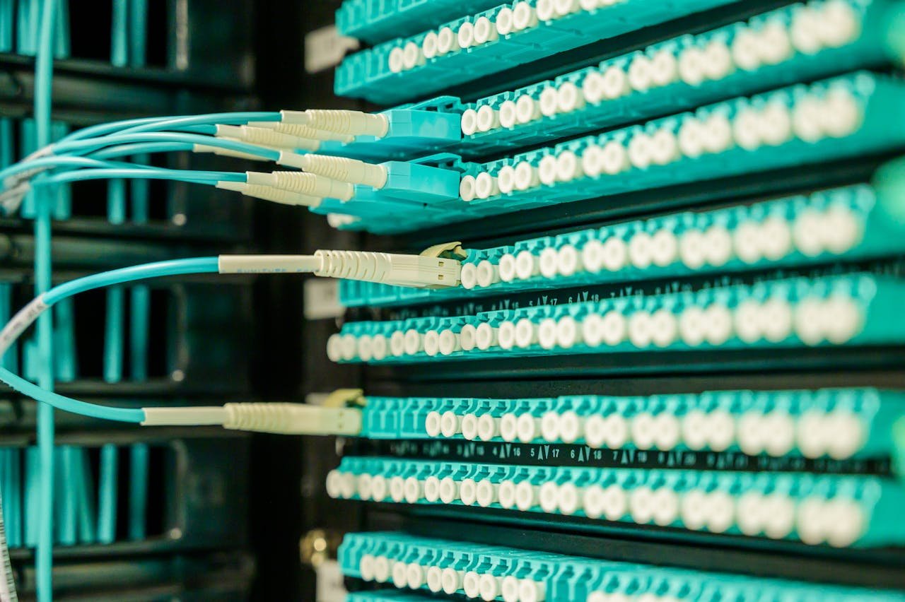 product-02 Networking cables plugged into a patch panel, showcasing data center connectivity.